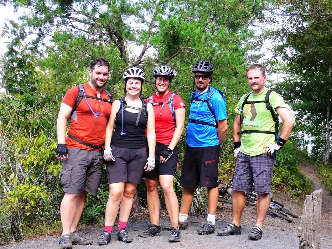 Mrs. Dean (center) and me (right) with some friends at the top of Mouse Loop Trail in the Tsali Recreation Area overlooking the Smoky Mountains. 