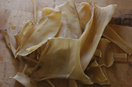 Bull hide scraps cleaned and dried for making hide glue . These were limed, and then rinsed and scraped like crazy to remove unwanted impurities and leave (as much as possible) just collagen, the stuff that glue is made of.