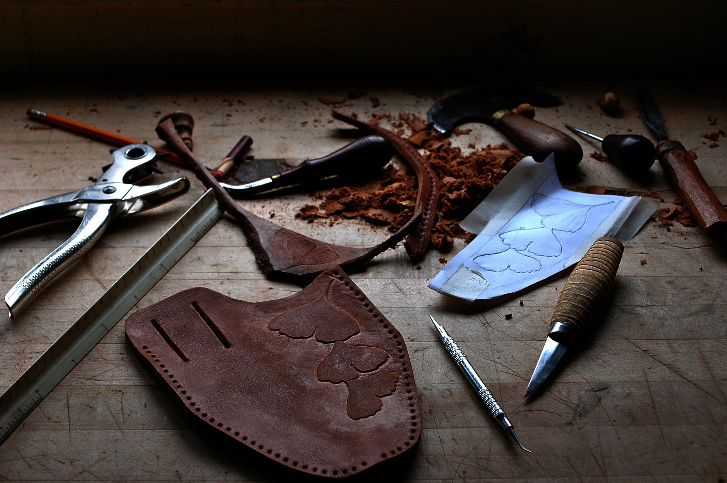 Bark tanned bull leather pruner sheath in progress.