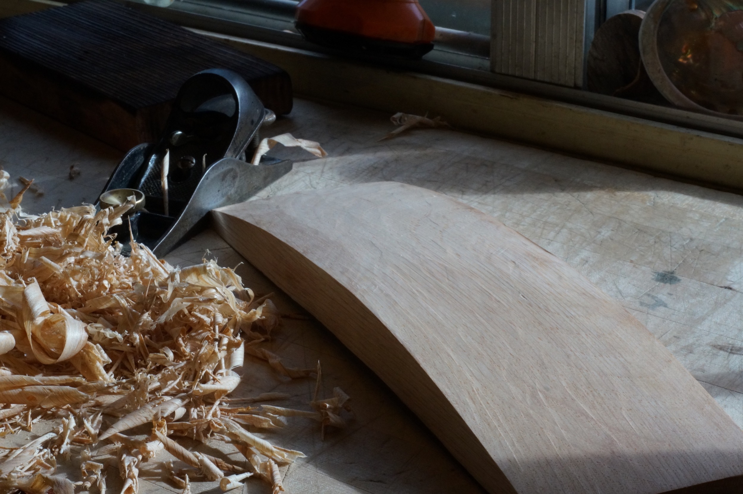 Graining board, or "arm board" in progress. This one will have a cork face for use on the delicate grain side of the skin.