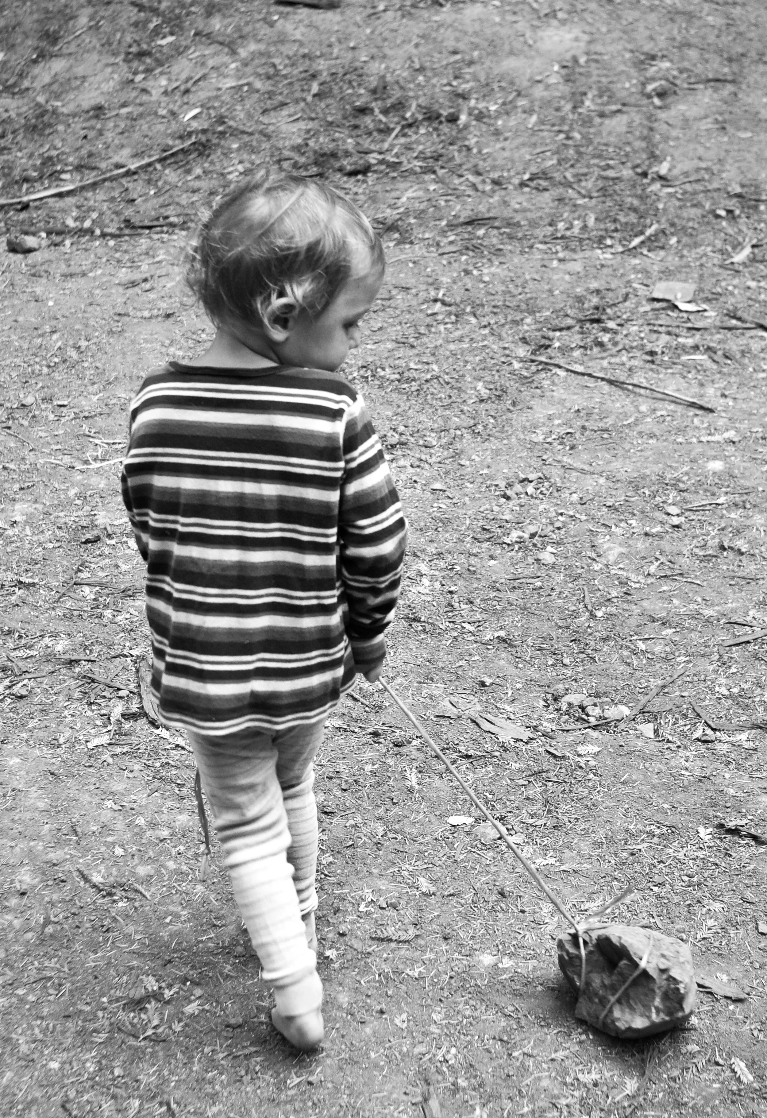 Kid walking his pet rock at the farmer's market.