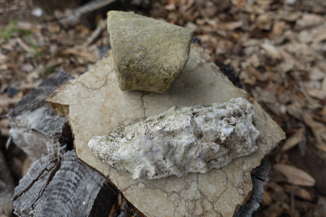 Shell, limestone and marble, three common forms of calcium carbonate. Any of the stones may have any number of impurities, Magnesium being very common. Shells are probably ideal for tanning use since they are very pure being almost all calcium carbonate. They are also very easy to turn into lime.