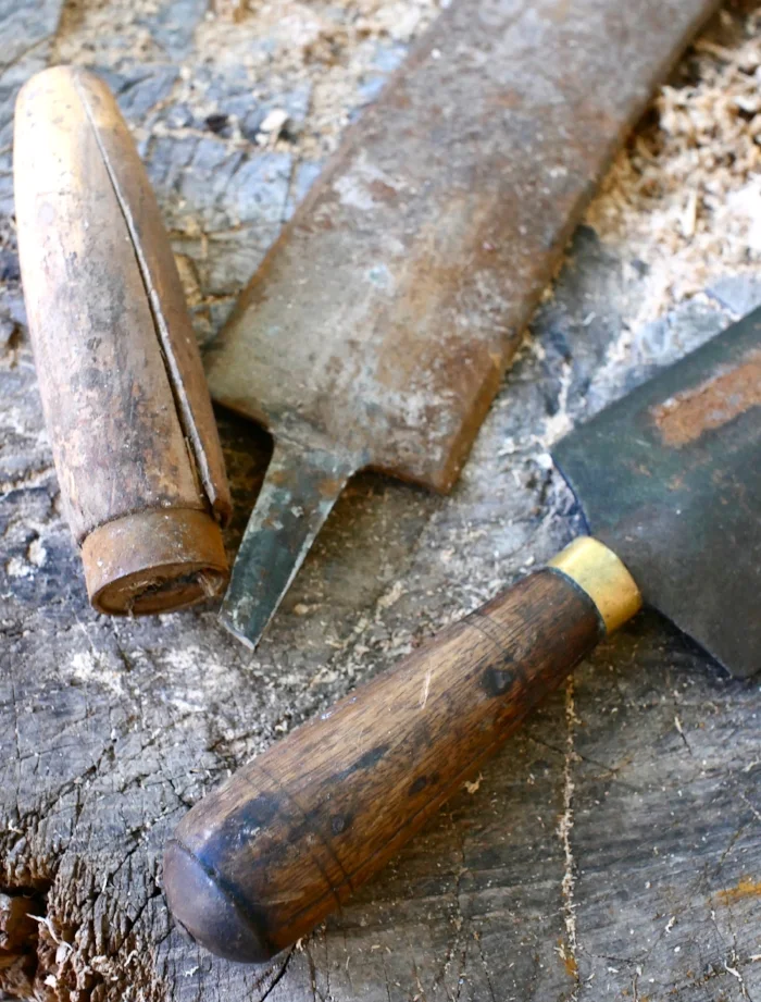 The older tools have full thick tangs that go through the handle to the end where they are pounded over like a rivet, making for much stronger handles that put less stress on the wood. I don’t think this is one of them, but I suspect that the new production Sheffield, English knife copies sold in the U.S. probably have these these type of cheap flat tangs. I may try to modify this tool to make is shorter with thicker tangs and handles that come more nearly straight to the sides instead of arcing downward. I’m thinking some small metal parts and some JB Weld…