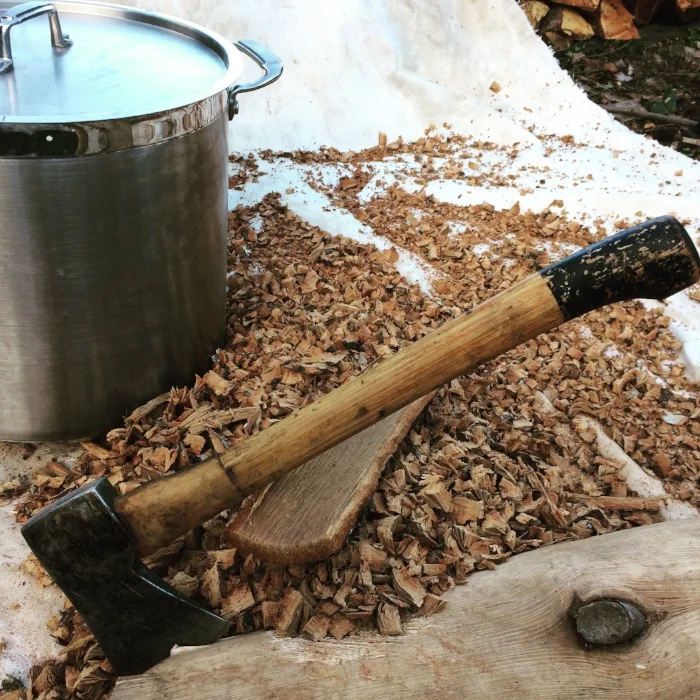 Primitive and slow, but effective enough. The benefits are that it makes you slow down and chill out, and it’s good hatchet practice.