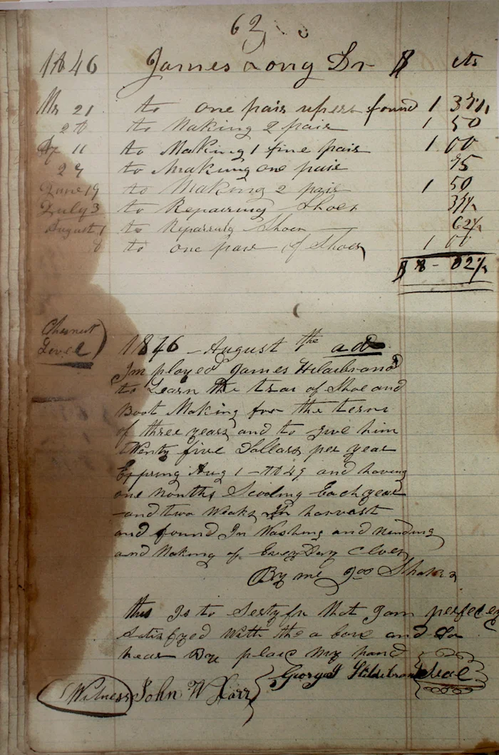 Aside from some logging of shoe repairs and sales, this page contains a contract discussing a term of apprenticeship, an annuity, room, board, washing and mending of clothes, and a provision for a promise of three weeks farm labor at harvest time.