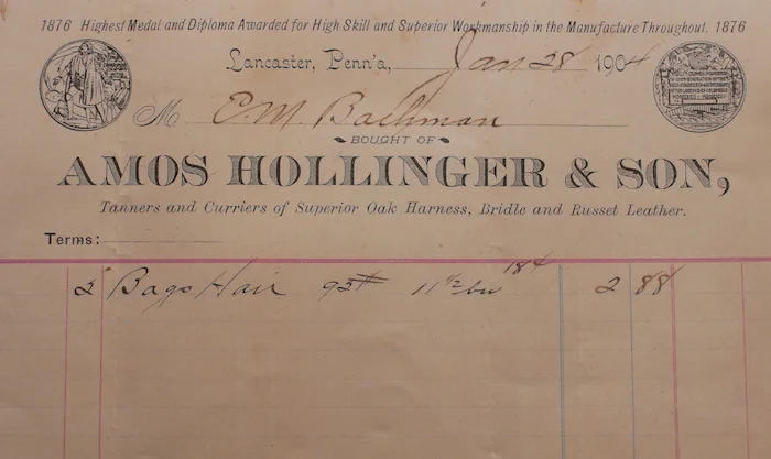 Davey’s grandfather’s uncle Mr. Bachman was a tanner. Here is a receipt for bags of hair. Hair was used as an addition to lime plaster and no doubt for other things. It was commonly collected and sold by tanneries. Mr. Bachman appears to have attended a trade school and advertised those credentials on his invoice.