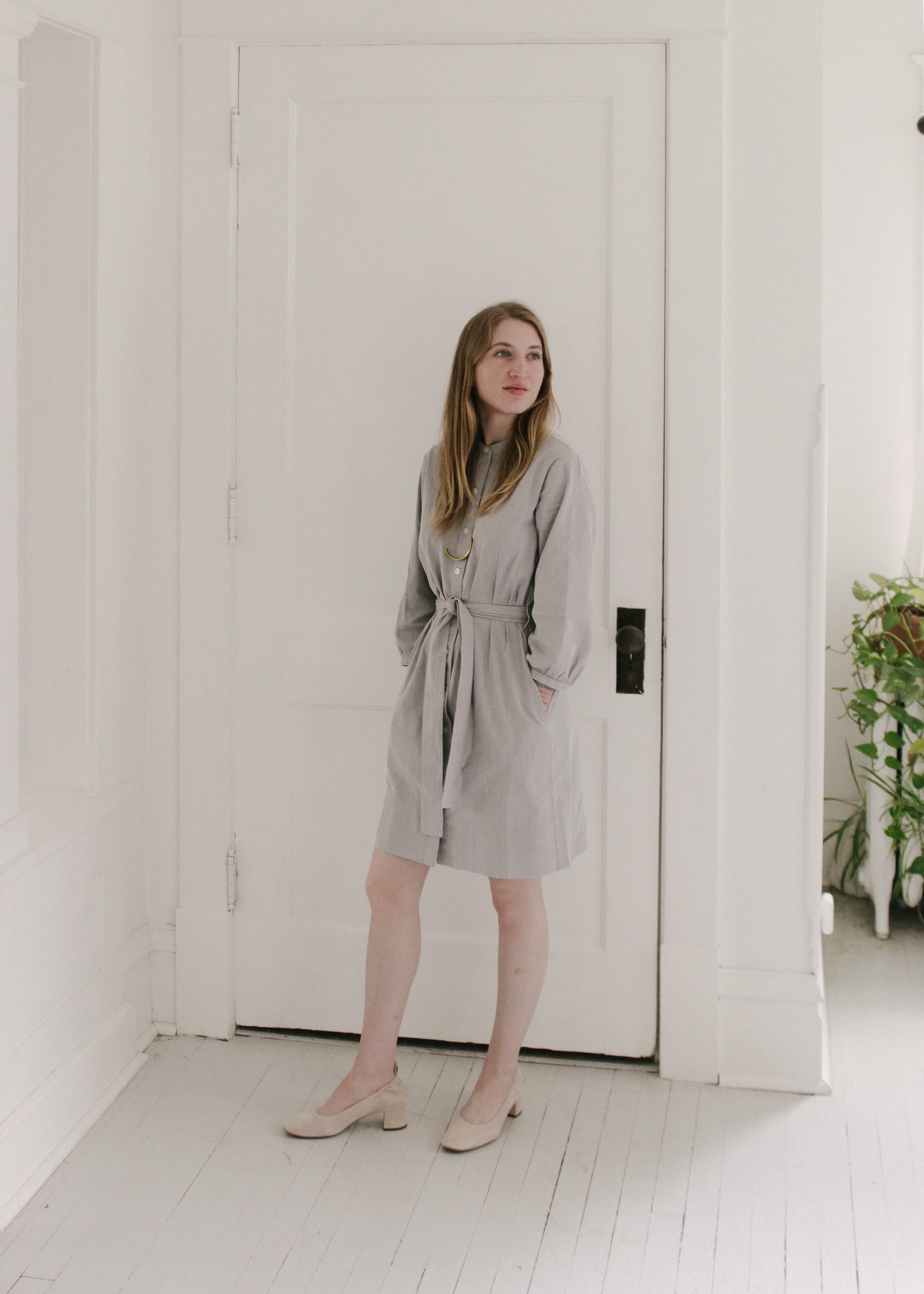 the cotton collarless belted shirtdress