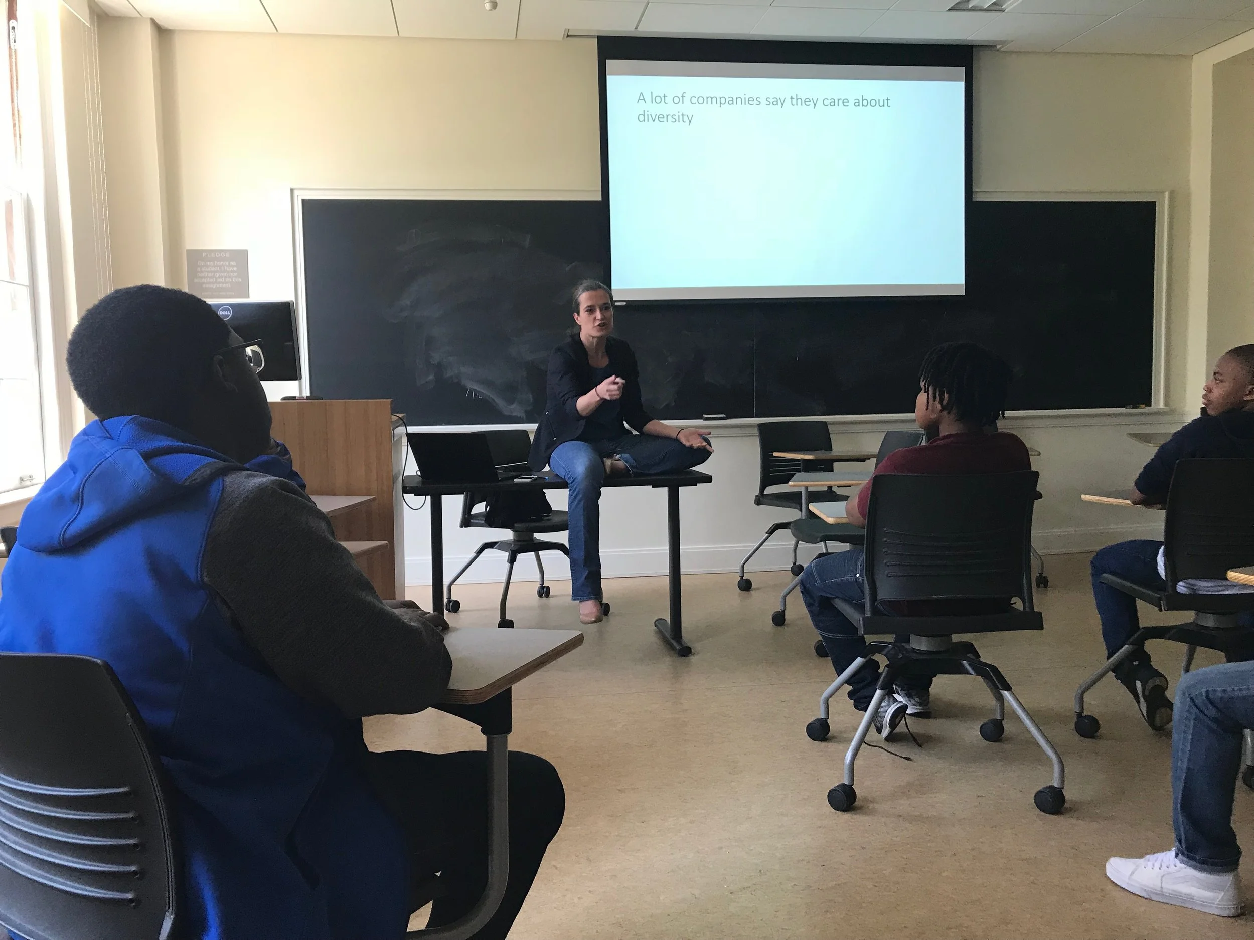 Learning from Batten Professor Sophie Trawalter in a private lecture on diversity.