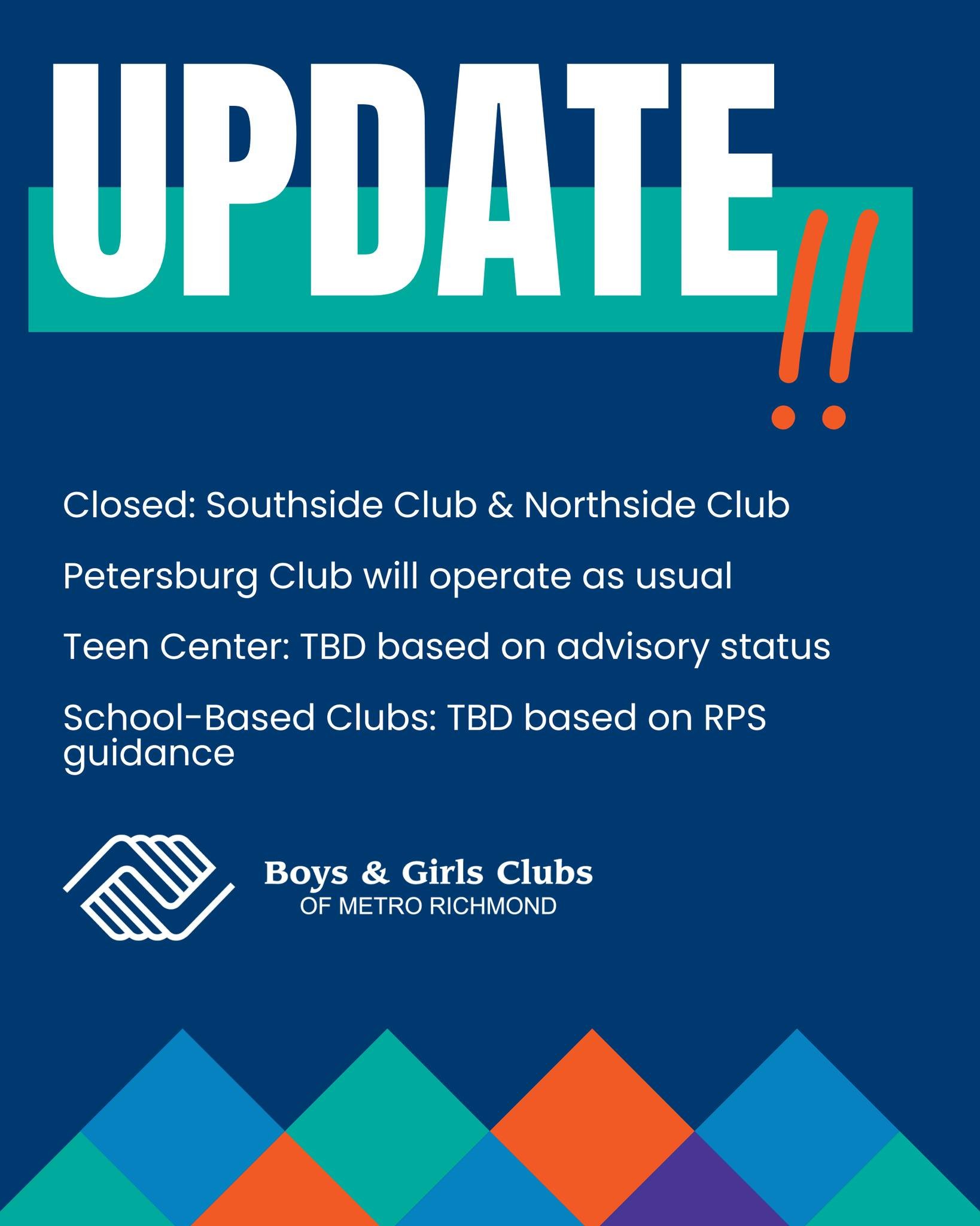 Operational Update &ndash; Water Advisory

Due to the extended conserve/boil water advisory from Richmond City, the following updates will affect BGCMR operations May 28th.

Closed: Southside Club &amp; Northside Club

Petersburg Club will operate as