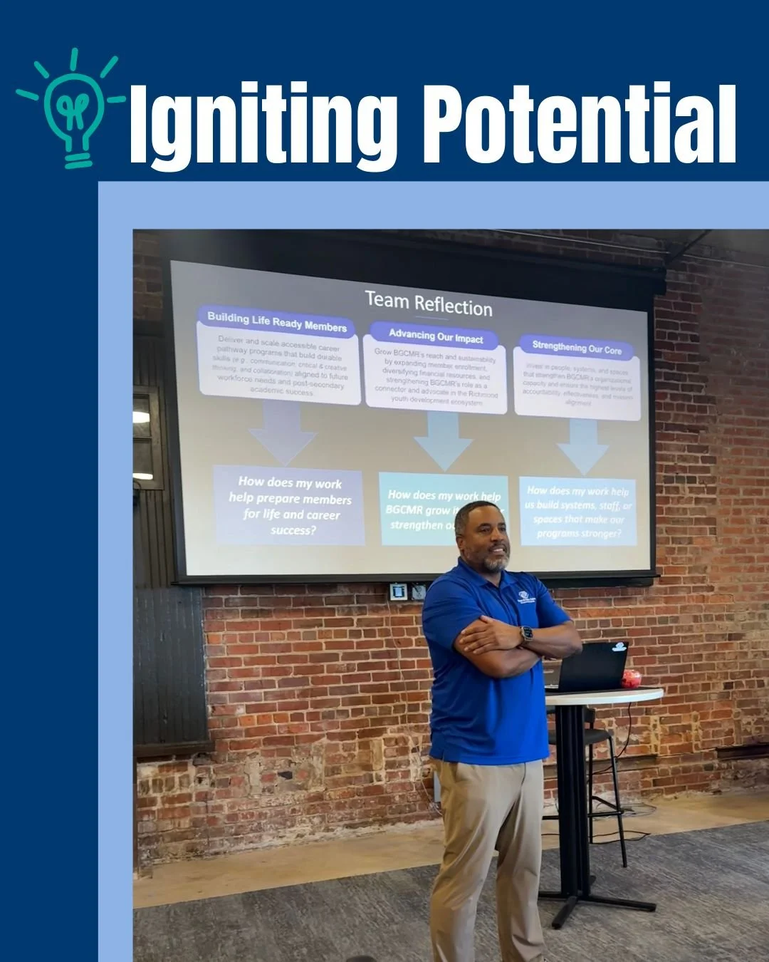 Big vision. Bright future. ✨
Our CEO Sean, brought the whole BGCMR team together for Igniting Potential, a staff training focused on what&rsquo;s next.

The plan for the next 3 years?
💡 Fueling Potential
🚀 Expanding Pathways
💙 Staying Legacy Rich,