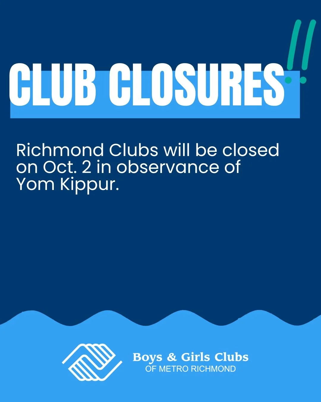 Please note: All Boys &amp; Girls Clubs of Metro Richmond locations will be closed on Wednesday, October 2, in observance of Yom Kippur. We wish everyone observing a meaningful and reflective day.
#BGCMR #CommunityNotice #YomKippur