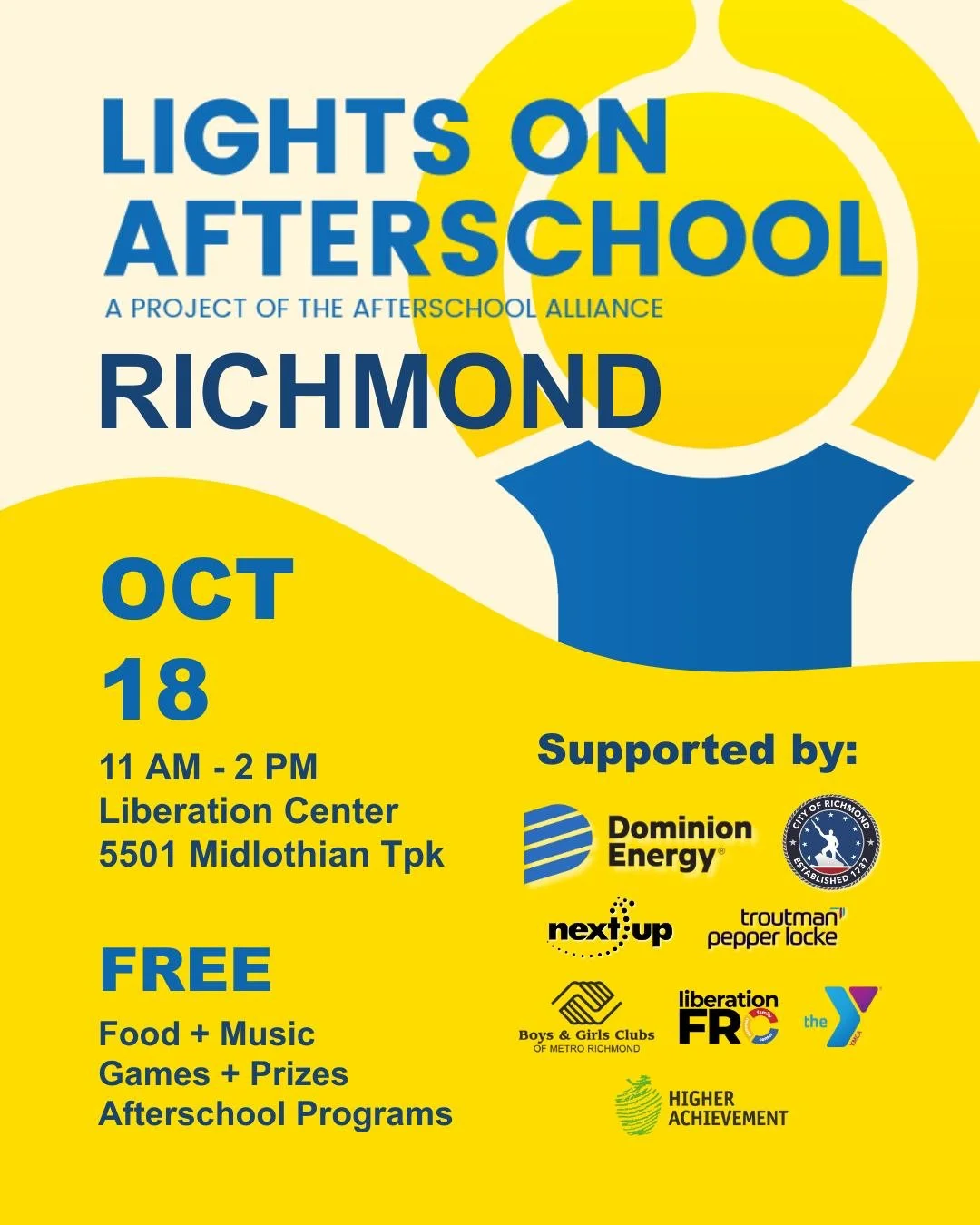 We&rsquo;re turning the lights ON 🔆 for afterschool!
Join us, @NextUpRVA, and @AfterschoolAlliance on Oct. 18 at Liberation Center (11&ndash;2) for food, music, games, prizes, and more. 🎉
It&rsquo;s free. It&rsquo;s fun. It&rsquo;s for YOU.
Registe