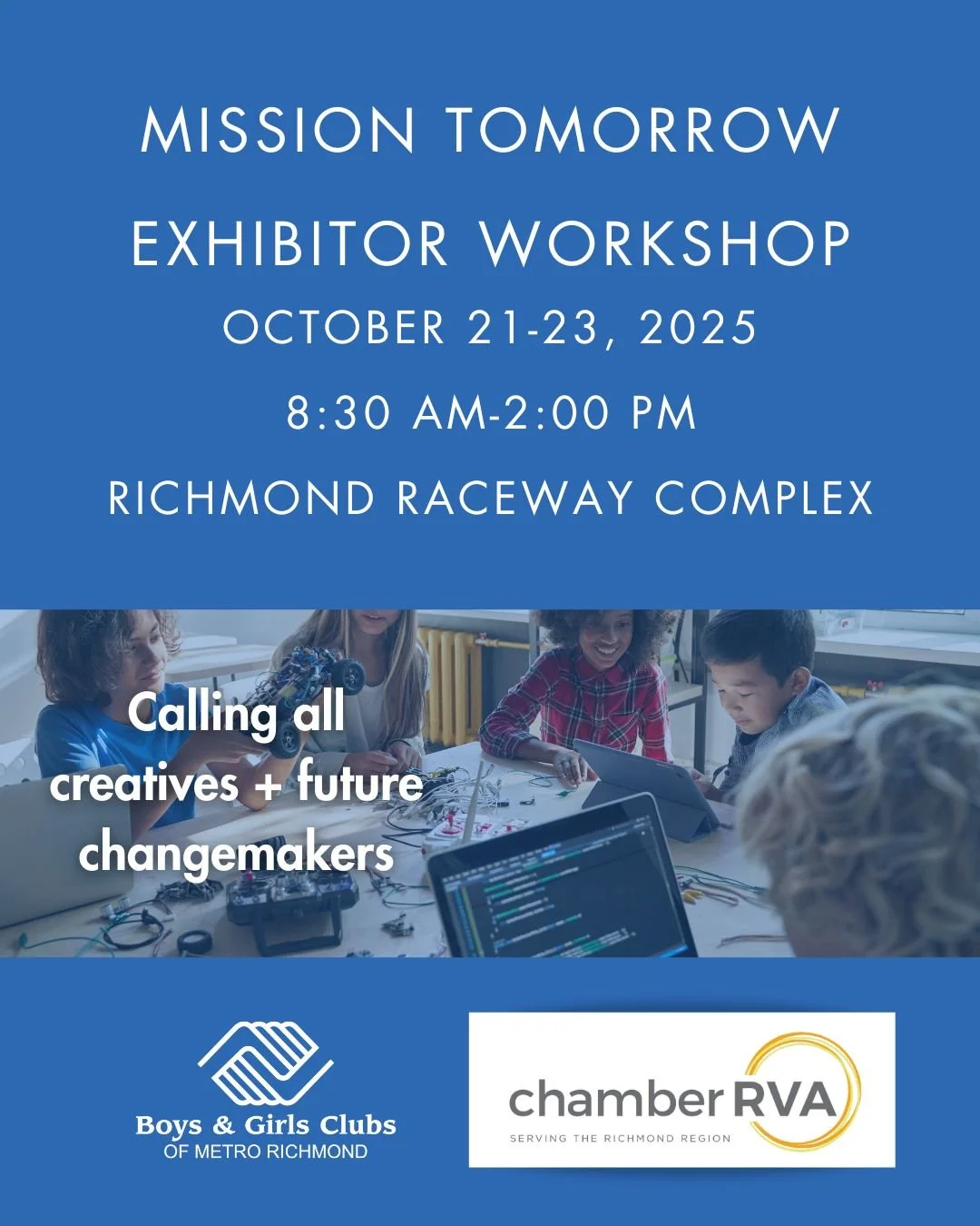 Calling all creatives + future changemakers 👀
@ChamberRVA and @JuniorAchievement are hosting the Mission Tomorrow Exhibitor Workshop&mdash;a chance to learn how to design fun, interactive exhibits that inspire students and make an impact!
📅 October
