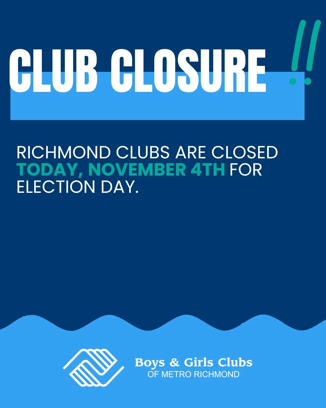 All administrative offices &amp; Richmond Clubs will be closed on Tuesday, November 4 for Election Day.
We&rsquo;ll reopen the following day, ready for another great week of learning and fun!
Let&rsquo;s take time to engage, care for our community, a