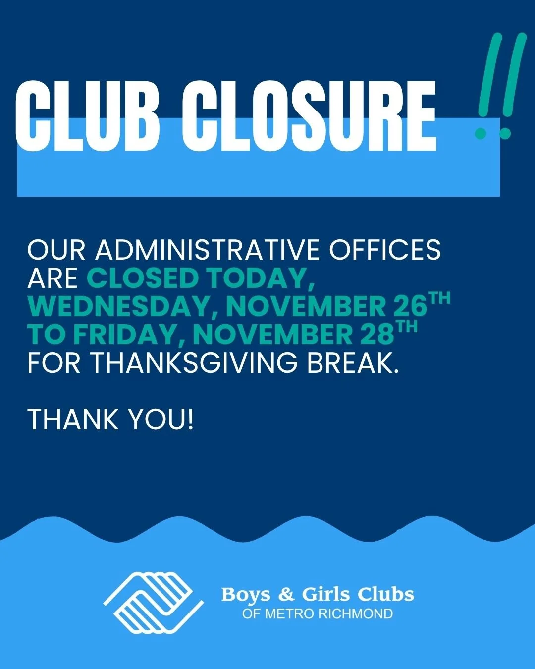 All BGCMR administrative offices will be closed from Wednesday, November 26th through Friday, November 28th in observance of Thanksgiving Break.

Wishing our community a warm and safe holiday season filled with gratitude and connection. We&rsquo;ll r
