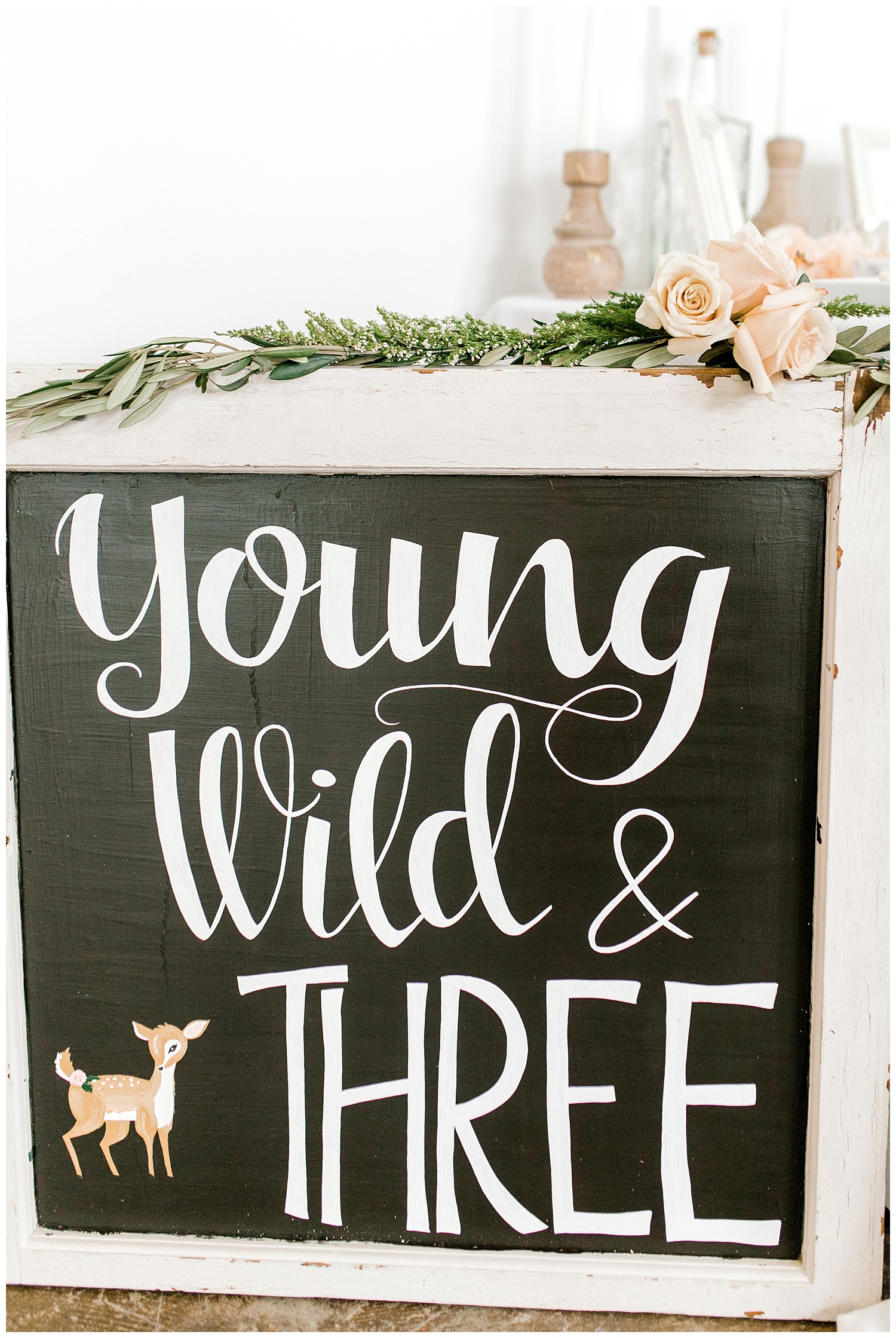 The Most Perfect Little Girl's Birthday Party Design | Animal Themed Toddler Birthday | Emma Rose Company | Blush and Grey Roses | Young Wild and Three Chalkboard sign