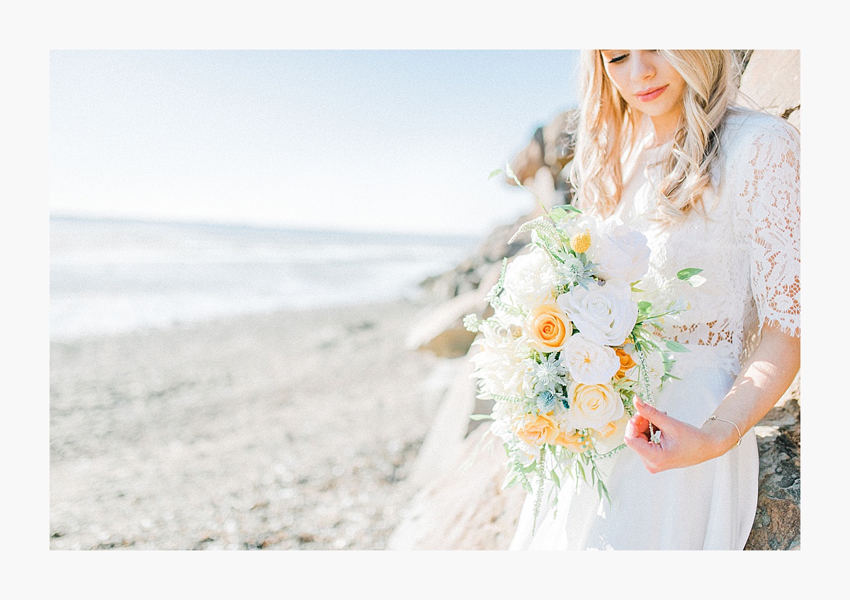 Styled bridal portraits on the beach in simple lace wedding skirt and lace top with Emma Rose Company.  Yellow and ivory inspired bridal shoot in the Pacific Northwest._0006.jpg