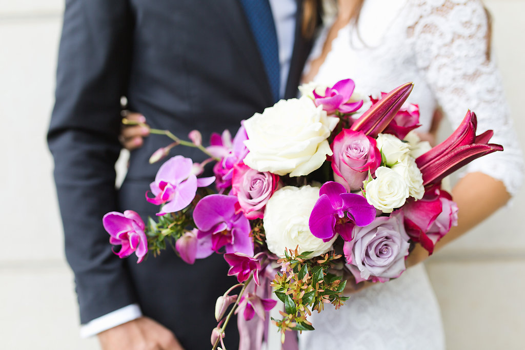 Seattle Courthouse Wedding | Seattle Municipal Court | Downtown Seattle Wedding | Intimate Elopement wedding | Beautiful Purple Bouquet | White Wedding Jumpsuit