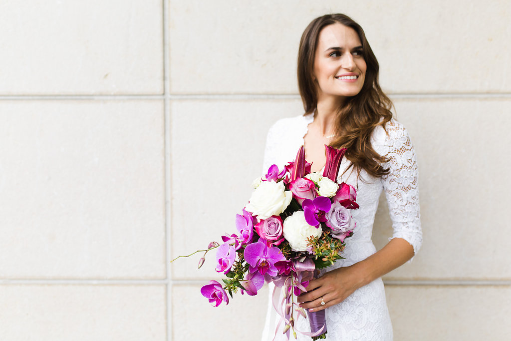 Seattle Courthouse Wedding | Seattle Municipal Court | Downtown Seattle Wedding | Intimate Elopement wedding | Beautiful Purple Bouquet | White Wedding Jumpsuit