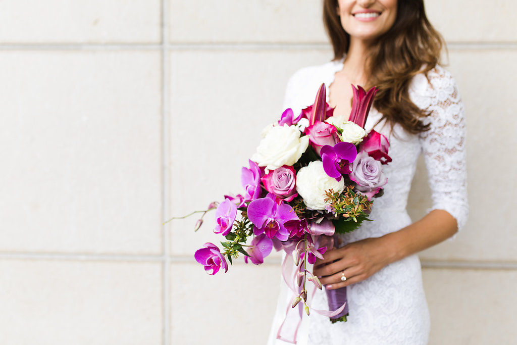 Seattle Courthouse Wedding | Seattle Municipal Court | Downtown Seattle Wedding | Intimate Elopement wedding | Beautiful Purple Bouquet | White Wedding Jumpsuit