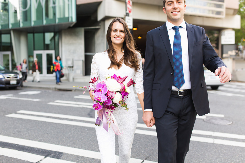 Seattle Courthouse Wedding | Seattle Municipal Court | Downtown Seattle Wedding | Intimate Elopement wedding | Beautiful Purple Bouquet | White Wedding Jumpsuit