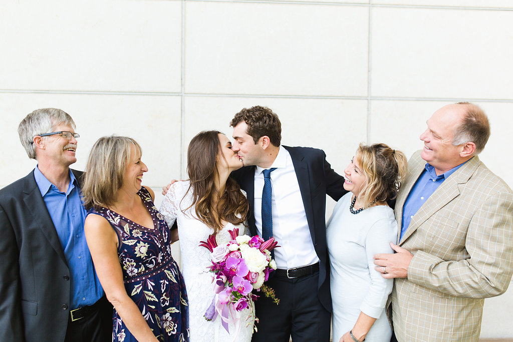 Seattle Courthouse Wedding | Seattle Municipal Court | Downtown Seattle Wedding | Intimate Elopement wedding | Beautiful Purple Bouquet | White Wedding Jumpsuit