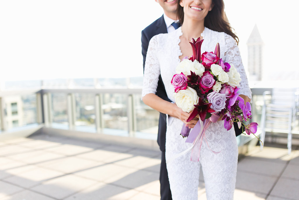 Seattle Courthouse Wedding | Seattle Municipal Court | Downtown Seattle Wedding | Intimate Elopement wedding | Beautiful Purple Bouquet | White Wedding Jumpsuit