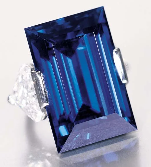 In 1934 John D. Rockefeller bought was what later to be known as the Rockefeller Sapphire. It is a 62.02 carat faceted blue sapphire, in a rectangular step cut, mounted in a diamond ring. The current listing price for this one of a kind sapphire is a cool $3,031,000, but could fetch as much as 5 million at auction!