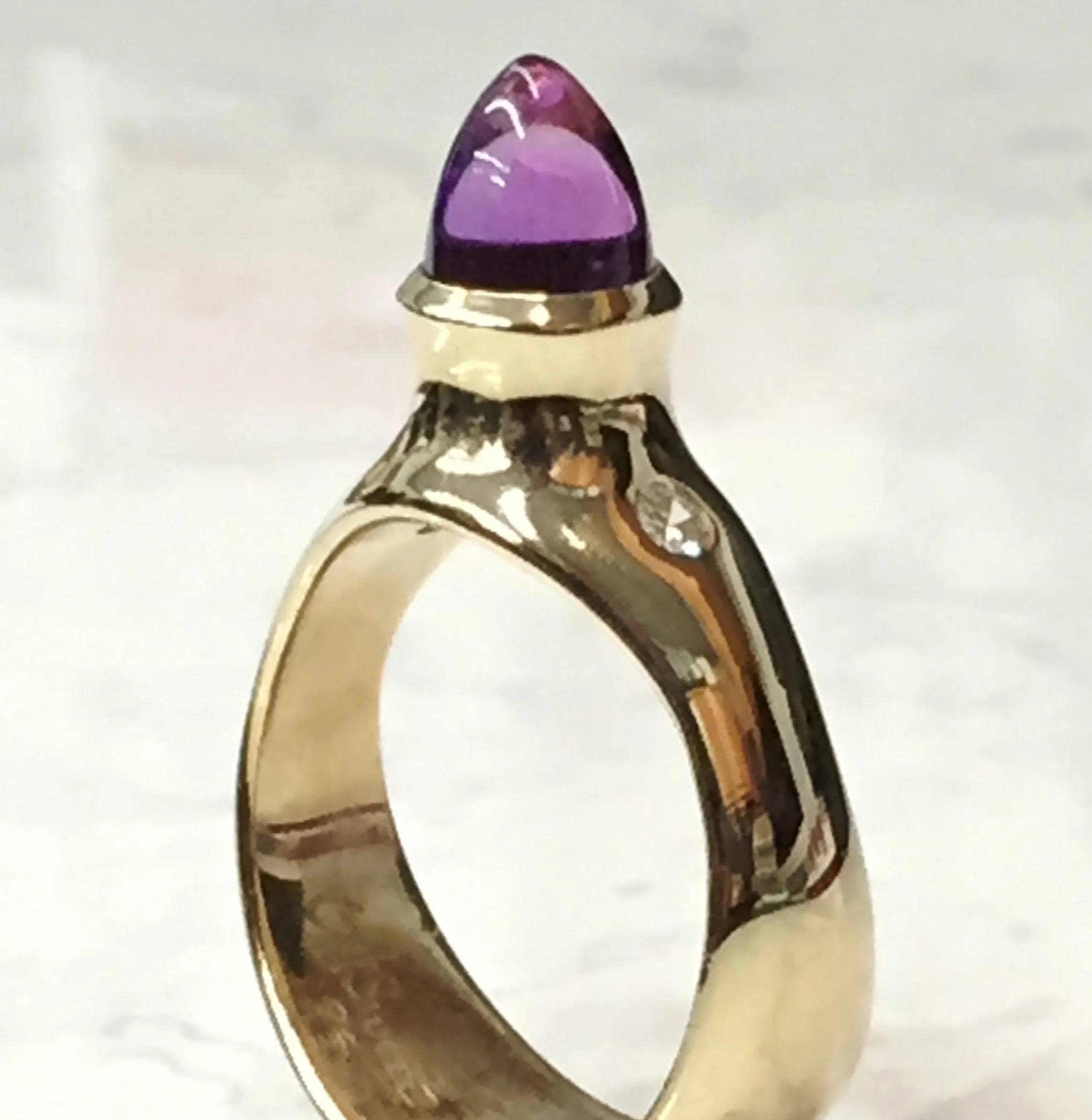 Unique amethyst cone ring with diamond accents, 14K yellow gold, on sale for $799.95, free sizing available