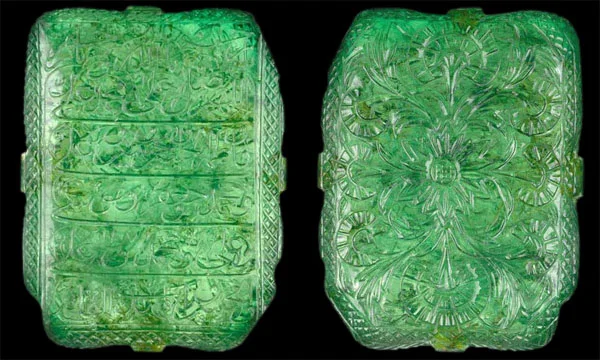 The famous Mogul Emerald, dates from 1695, weighs 217.80 carats, and is 10cm tall. One side is inscribed with prayer texts, and there are magnificent floral engravings on the other side. This legendary emerald was auctioned by Christie's of London to an unidentified buyer for 2.2 million dollars in 2001.
