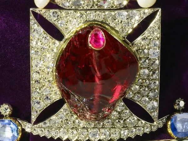 Black Prince's Ruby, 170 carat red spinel set into the English state crown and displayed in the Tower of London.