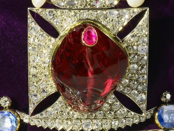 Black Prince's Ruby, 170 carat red spinel set into the English state crown and displayed in the Tower of London.