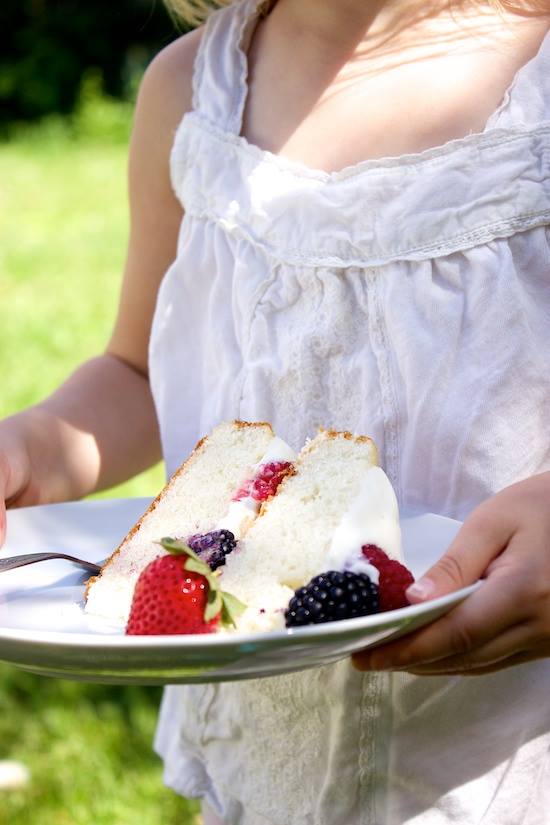 Tender White Cake with Whipped Cream Cheese Cloud Frosting and Berries