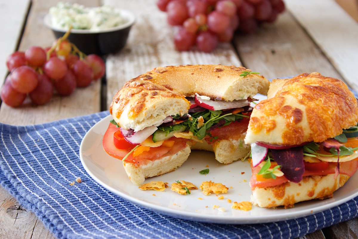 Rainbow Veggie Bagels with Jalapeno Popper Cream Cheese Spread