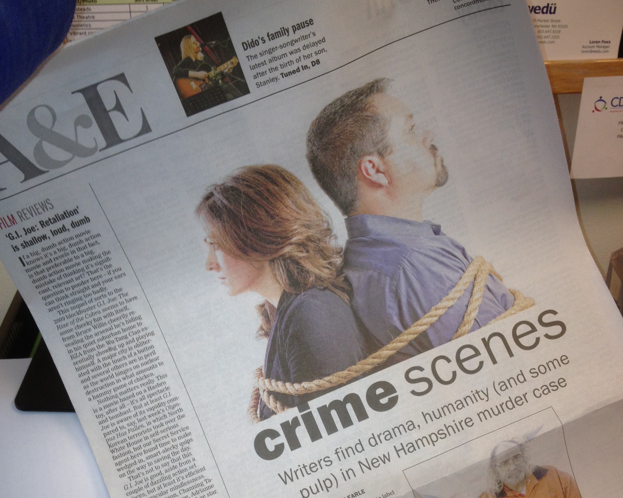  A full-page spread on Kevin and Rebecca in the&nbsp; Concord Monitor . The paper said " Notes on a Killing &nbsp;certainly won't disappoint devotees of its genre." 