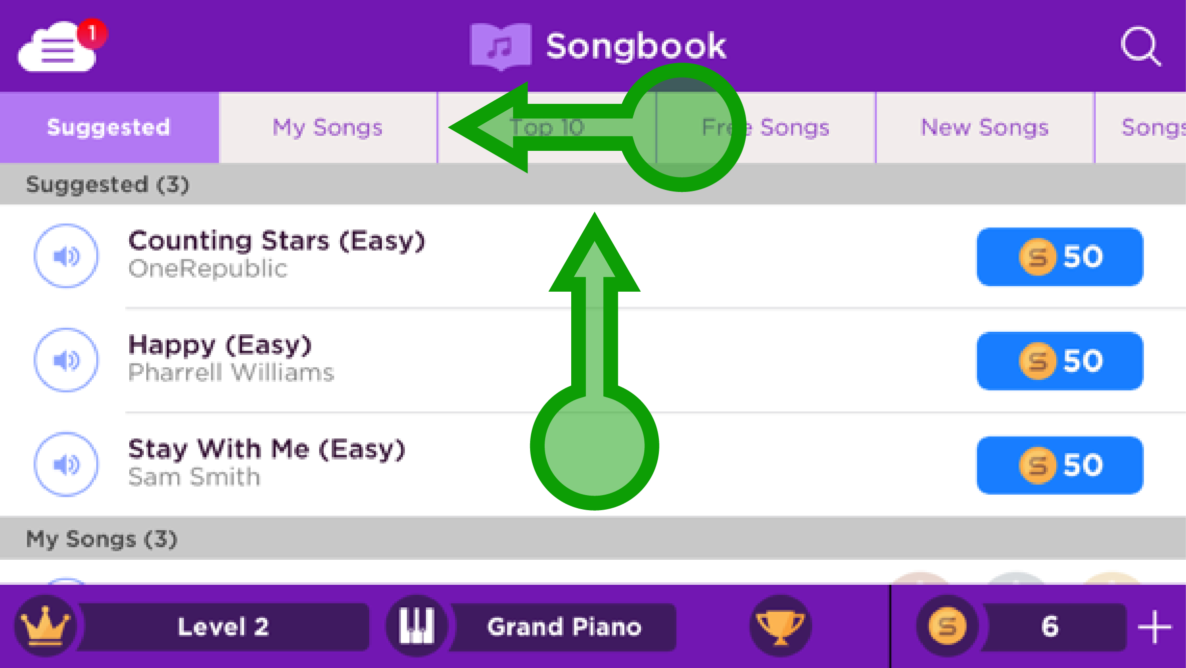 Old songbook design – horizontally scrolling navigation, no song list sorting options, and easy-to-miss search option