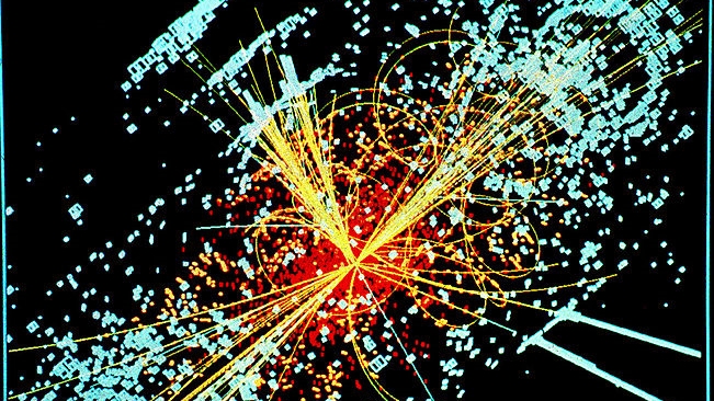 A simulated Higgs event , by CERN - Wikimedia Creative Commons ( license )