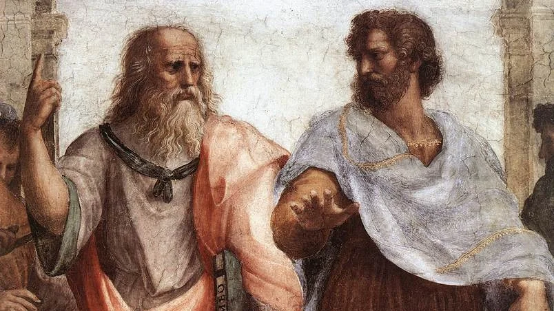 The School of Athens (cropped: Plato on the left; Aristotle on the right), by Raphael (c. 1511) - Wikimedia Commons (Public Domain)
