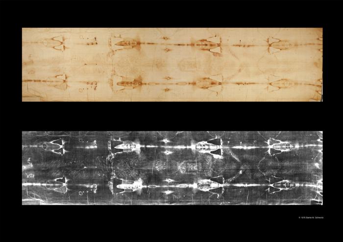 ABOVE: ACTUAL SHROUD OF TURIN - DISCOVERED TO BE NEGATIVE IMAGE IN 1898 WHEN FIRST PHOTOGRAPHED (LIGHT AND DARK COLOR REVERSED) BELOW: NEGATIVE IMAGE - DISCOVERED TO BE POSITIVE IMAGE IN 1898 WHEN FIRST PHOTOGRAPHED THIS FIRST SCIENTIFIC DISCOVERY BEGAN A FIRESTORM OF CONTROVERSY AND IS ONLY ONE OF THE AMAZING PROPERTIES OF THE IMAGE THAT HAVE NEVER BEEN EXPLAINED OR REPLICATED AS IT IS ON THE SHROUD OF TURIN.