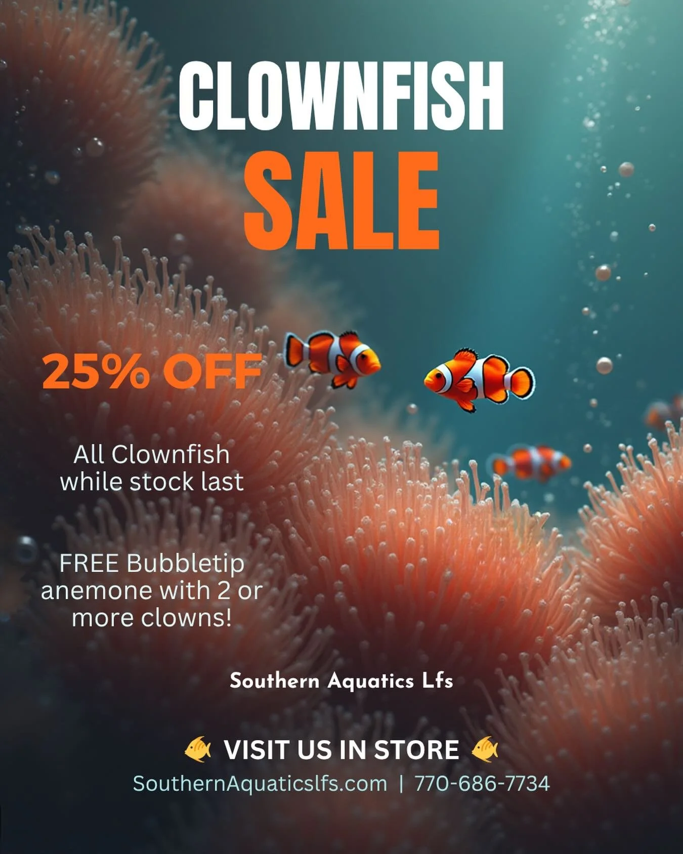 Clownfish sale! 
We currently have:
Percula
Ocellaris
Tangerine Albino Ocellaris
Mixed Designer Perculas
Midnights
Tangerine Snowflake
Extreme and Regular Mocha Gladiator/Davinci
Orange Domino
Orange Skunks
Assorted Storms
#clownfish #reefaquarium #r