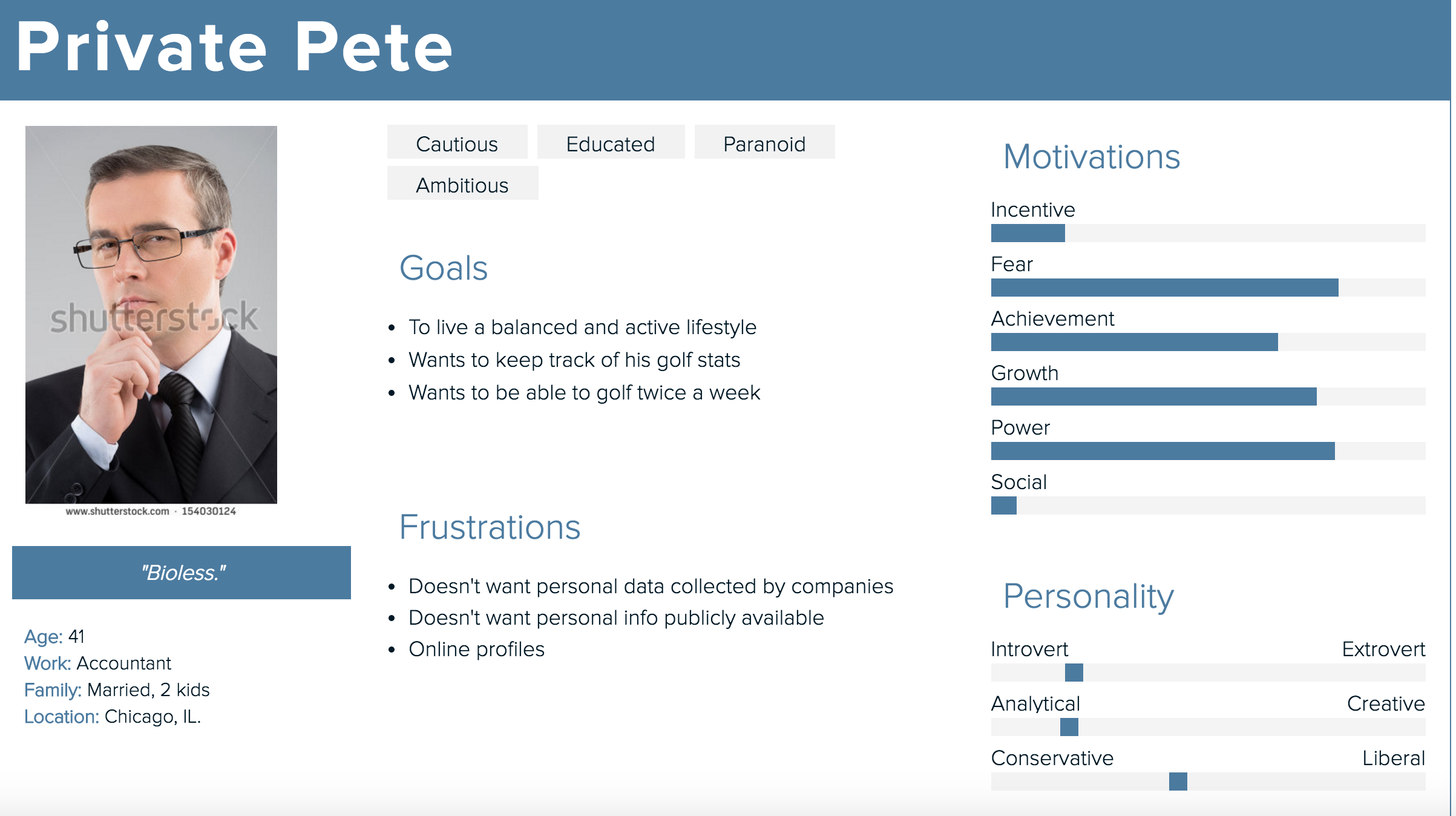   Persona 1 (Golfer):     This persona is based off of those individuals within the forums that wished to keep their privacy when using an activity tracker. They either wished no data of theirs was stored, or wished to be in full control of what info