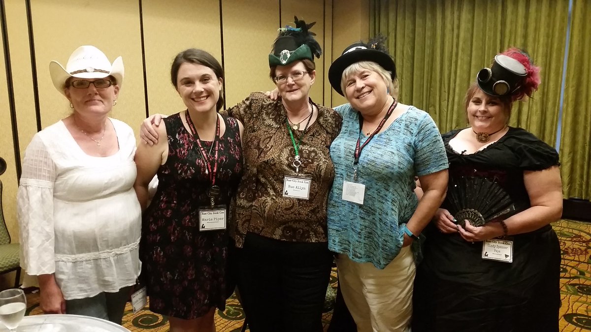 L to R: Linda Bradley, me, Rue Allyn, Donna MacMeans, and Cindy Spencer Pape at the Romancing Time meet and greet. 