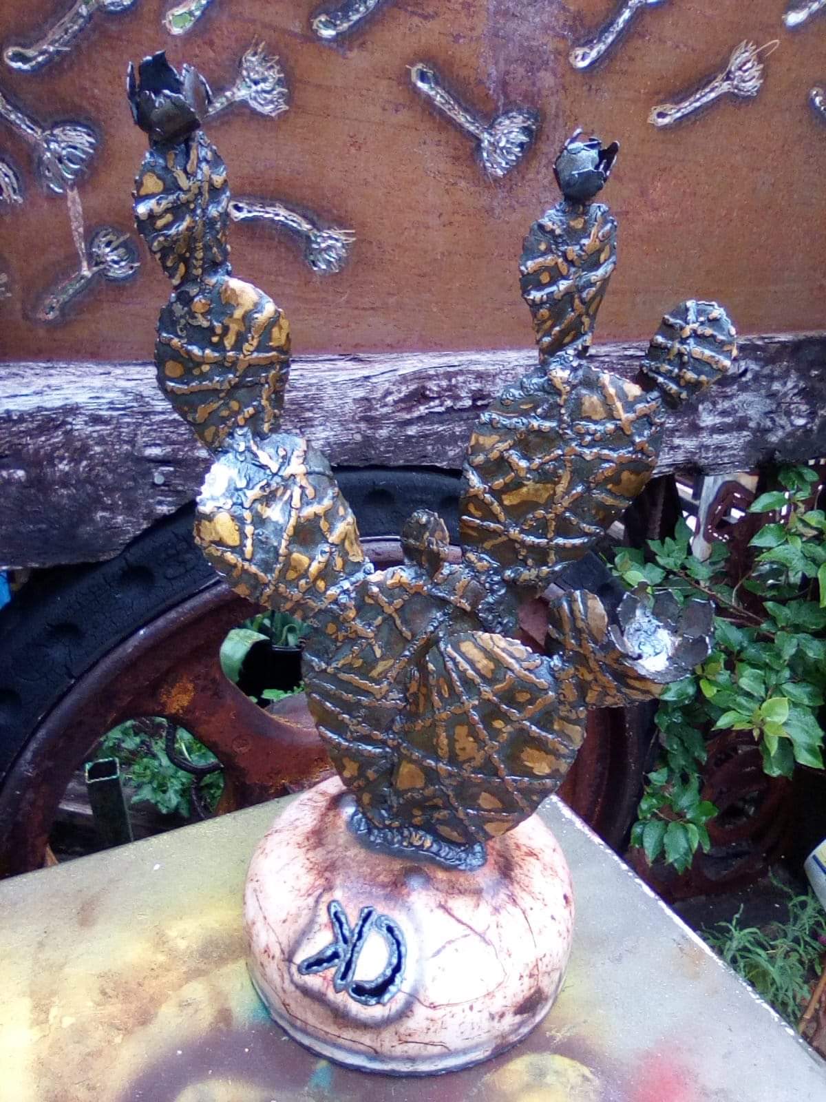 Recycled metal art cactus