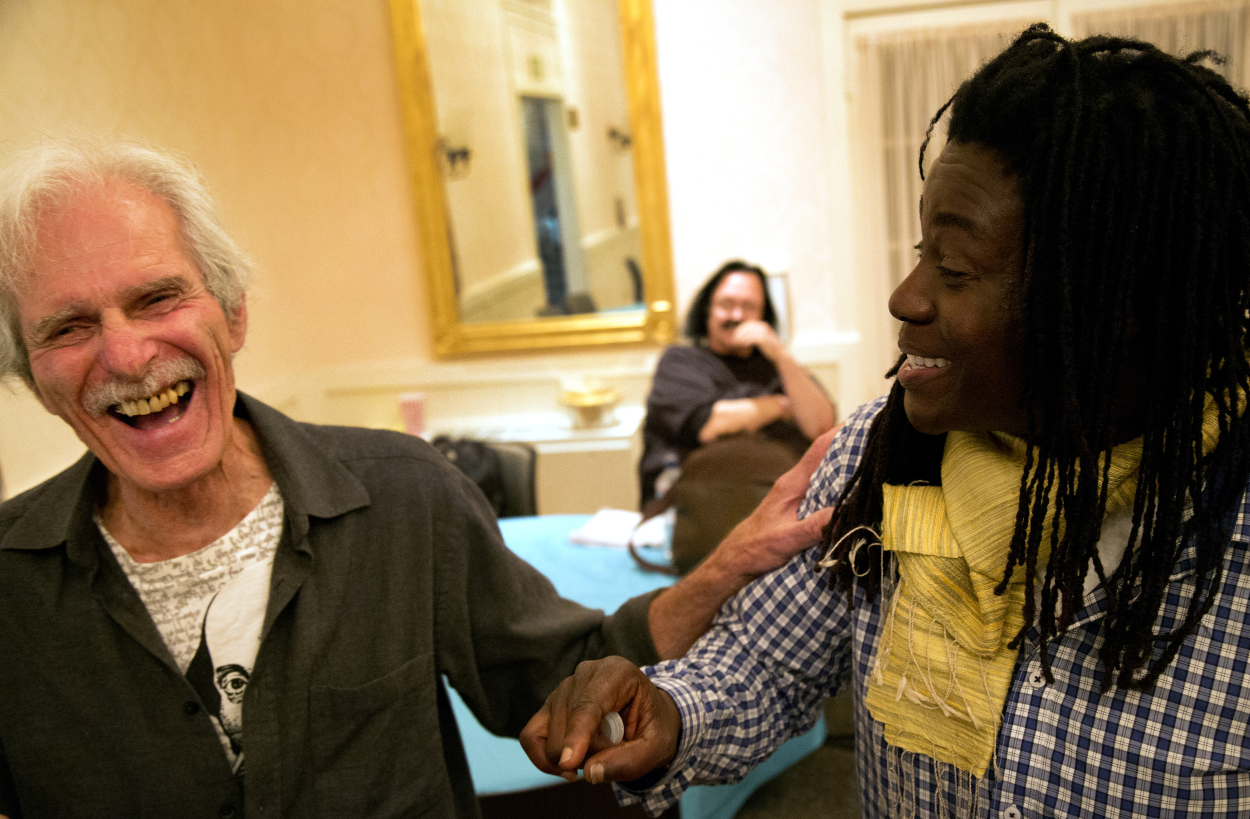  Skyler Cooper and Gene Gordon share a moment of joy before a small Othello production presented by The Rossmoor Shakespeare Society in the Dollar Club House in Rossmoor, Calif. Thursday April 9, 2015. 