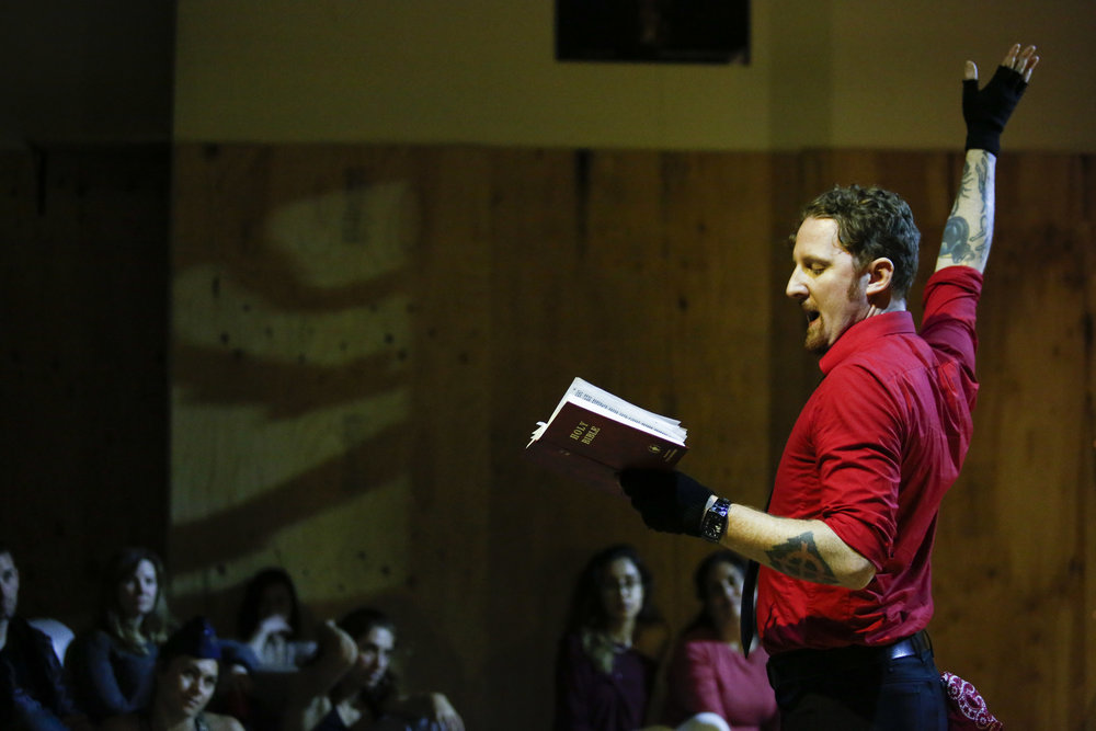  Slam poet, Jamie DeWolf shares a story with the audience as part of Into the Mouth of the Wolf teaser show produced by Circus Automatic at 915 Cayuga Ave. San Francisco, Calif. Saturday August 20, 2016. 