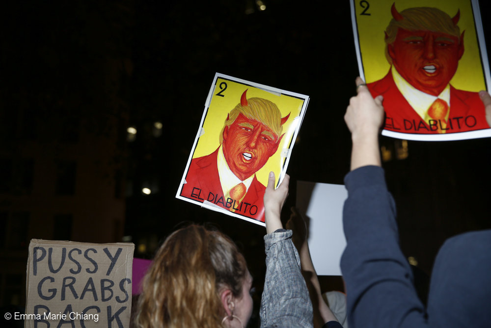  Hundreds of anti-Trump protesters march through the streets of downtown Oakland yelling "Not my president" and "F*k Trump" Wednesday Nov. 9 2016. Photo by Emma Chiang 