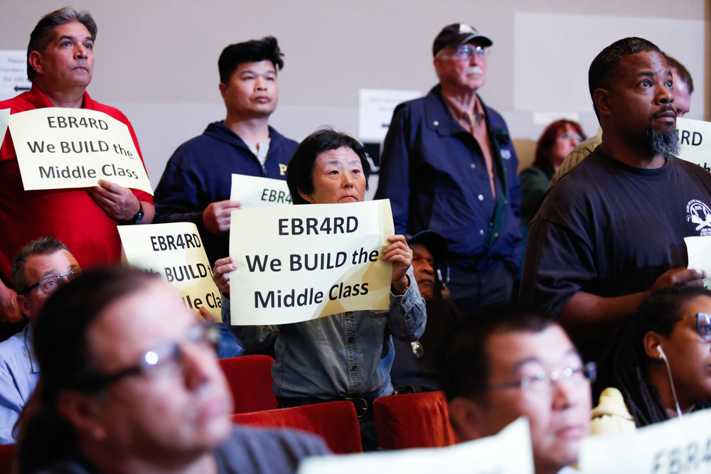  Union members from the East Bay Residents for Responsible Development (EBRRD), which includes UA Local 104, 342, 483, 595 and others rally during the Oakland Planning Commission meeting Tuesday, October 18, 2016. The planning commission postponed th