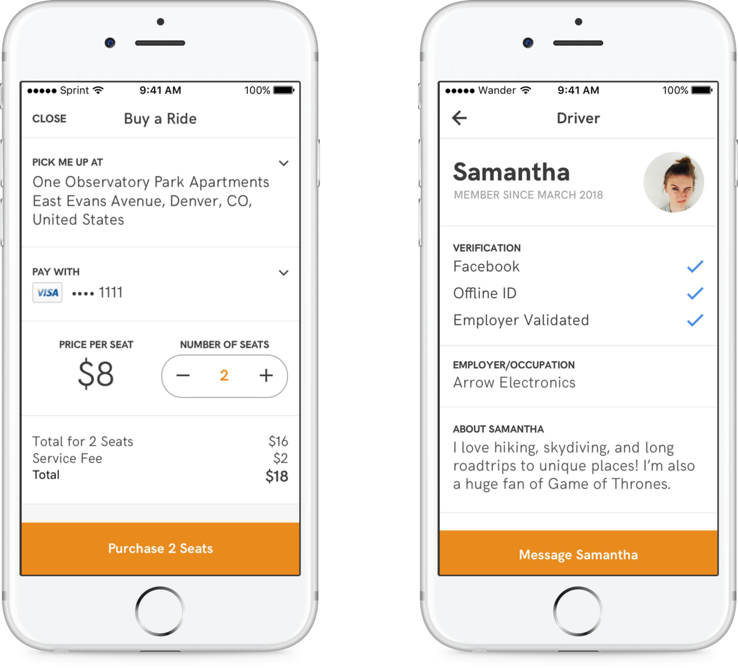 Purchase seats, change/add payments methods, change/add pickup location. The design of the profile addresses potential safety and background check concerns and provides information to build trust between potential passengers and drivers. This scree