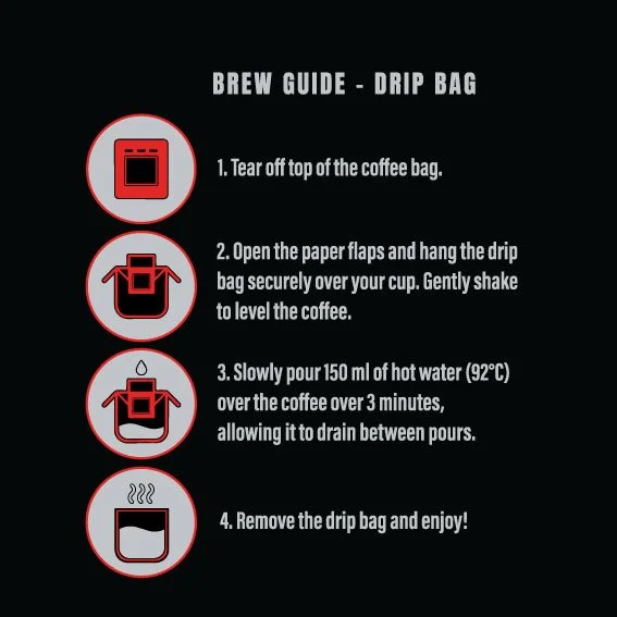 Step-by-step guide to brewing La Bomba Unplugged drip coffee bags, hooking the bag on a cup and pouring hot water