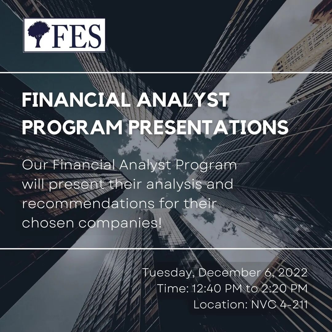 Our Financial Analyst Program will be presenting their analysis and recommendations for their chosen companies this Tuesday, Dec 6 during club hours! Come and support our financial analysts who have worked hard on their presentations. See you on Tues